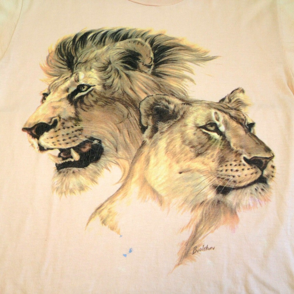 Vintage Print-Tees  Lion Pair Wildlife Graphic Tee Shirt 1980's USA Made